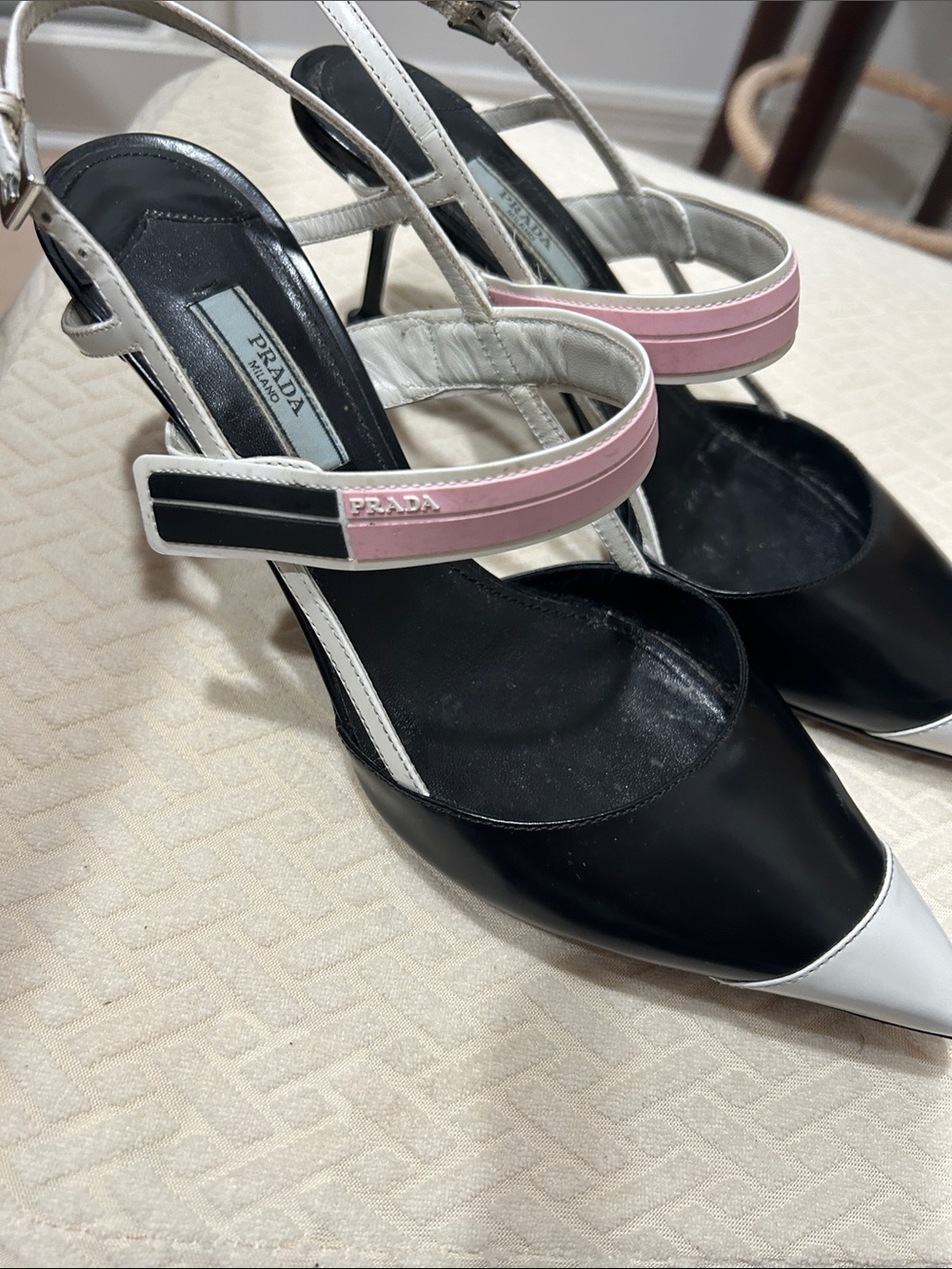 Prada Black White and Pink Pointed Toe Slingback Heels